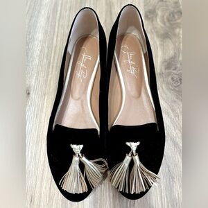 Shoes of Prey, black velvet with gold tassel flats size 10.5